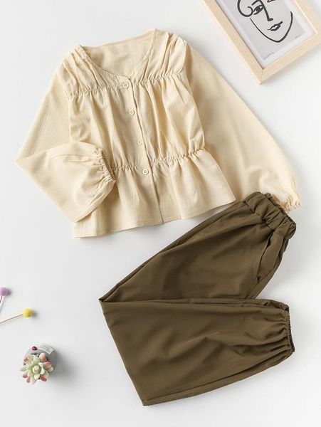 

girls ruched button front blouse & pants she, White