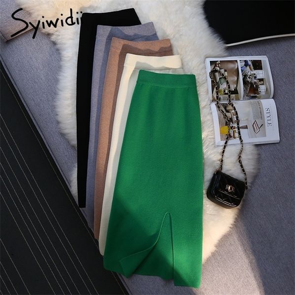 

syiwidii green side split knitted long skirt for women autumn winter elastic band fashion casual pencil midi skirts 220322, Black
