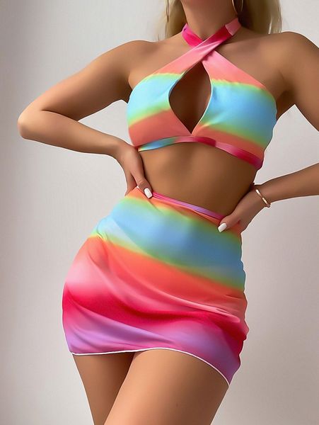 

ombre halter bikini swimsuit with beach skirt v3kj#, White;black