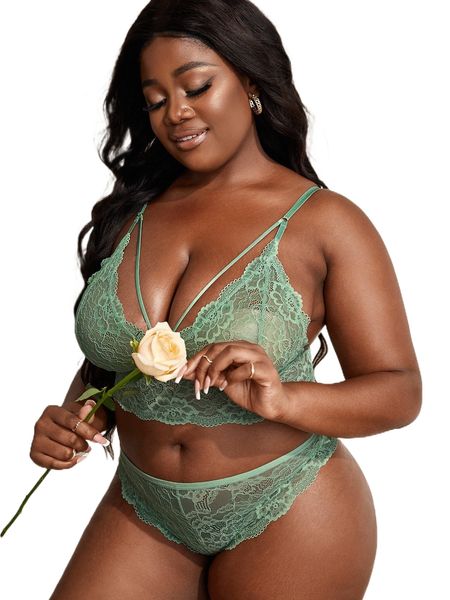 

plus floral lace cut out lingerie set l1yi#, Black;white