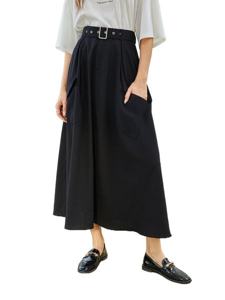 

pocket detail grommet eyelet belted skirt c886#, Black
