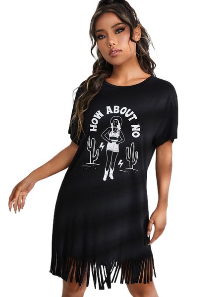 

x ay selinita slogan & figure graphic fringe trim tee dress g11n#, Black;gray