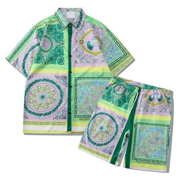 Agasalhos Masculinos Shorts Masculinos Conjunto Praia Verde Flor de Caju Camisas Soltas e Duas Peças Verão Masculino Casual Conjuntos de Roupas de Férias Masculino