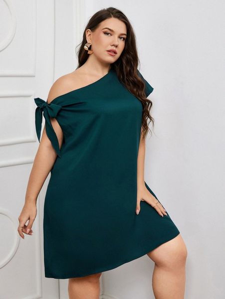 

plus solid asymmetrical neck dress 00oy#, Black