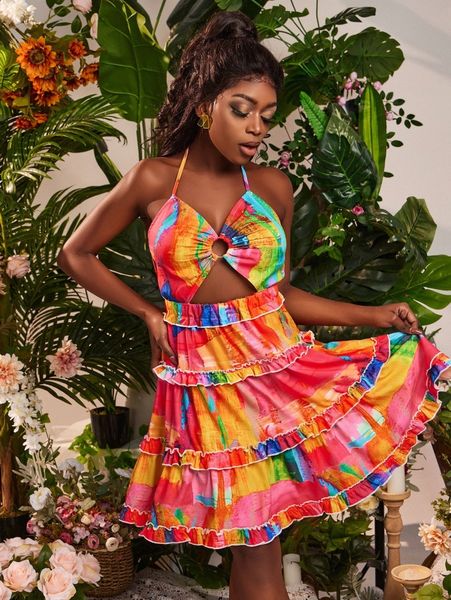 

sxy cut out detail layered hem halter neck dress a0yw#, Black;gray