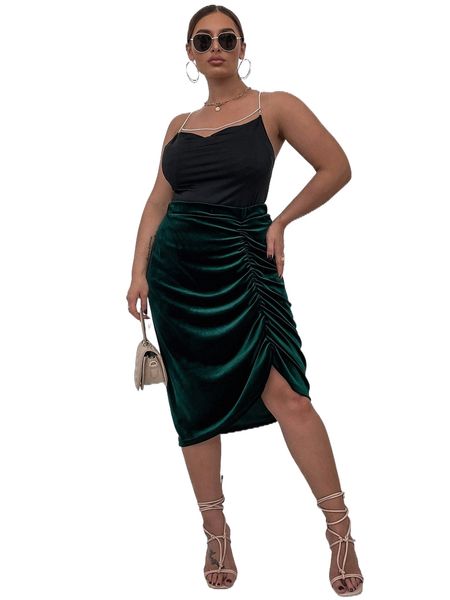 

plus high waist ruched velvet skirt j3f6#, Black