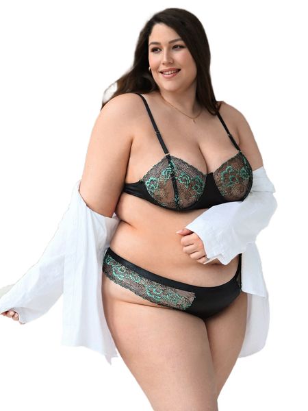 

plus contrast lace underwire lingerie set r48t#, Black;white