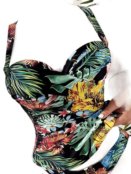 

tropical print criss cross push up tankini x0to#, White;black