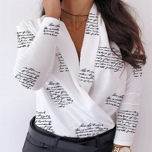 

2021 autumn and winter new women's v-neck fashion print long-sleeved shirt women fashion urban casual shirt303p, White