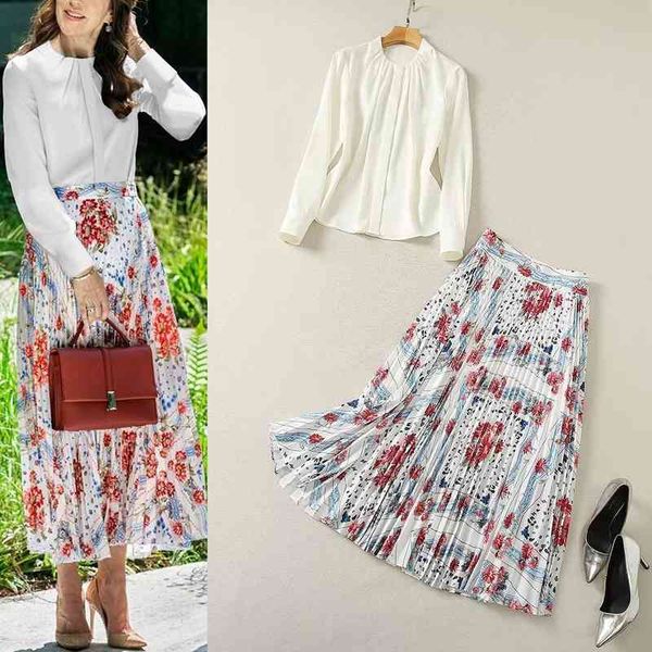 

women's two piece pants set early spring women's style pleated round neck shirt printed large swing skirt two-piece set, White