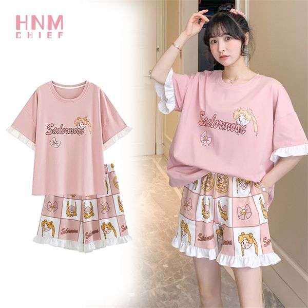 HNMCHIEF Pyjamas Damen Shorts Sets 2-teiliges Set Home Casual Cute Student Sailor Nightgown Moon Anime Pyjamas Plus Size Nachtwäsche 220321