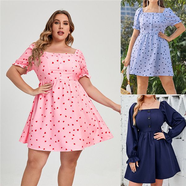 

3 colors womens plus size dresses print short sleeve u neck puff sleeve a-line skirt, Black