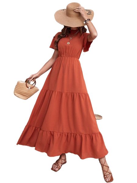 

solid keyhole back ruffle hem dress 73sp#, Black;gray