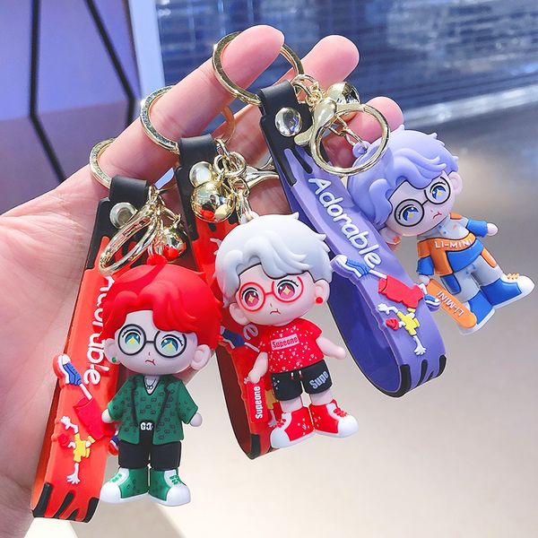 

cartoon silicone keychain anime doll key ring pendant cool glasses boy doll bag ornament small gift, Slivery;golden