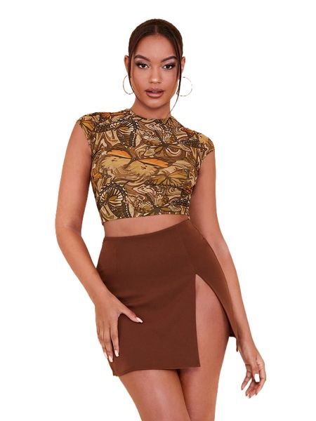 

bae butterfly print mock neck crop d5tz#, White