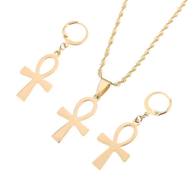 Brincos colar colar de ouro aço inoxidável egípcio Cadeia transversal vintage Nilo ANKH Key Egypt Pendant Jewelry Conjuntos