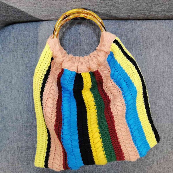 

summer cotton bamboo women handbag candy fashion beach ladies handle striped colorful casual female purse clutch spring 0214220318