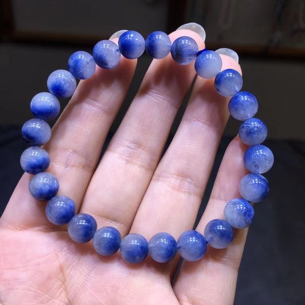 

7.6mm natural blue rutilated dumortierite quartz bracelet women blue rutilated cat eye clear round beads rare stone aaaaa, Silver