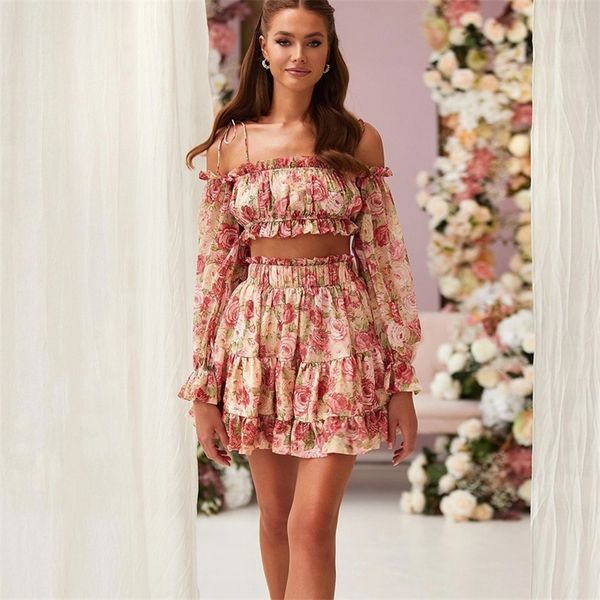 

summer rose print off the shoulder blouse and mini skirt set 220510, White