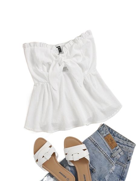 

knot bust frill trim shirred back tube z6l5#, White