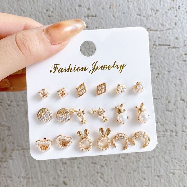

9 pairs women vintage dangle geometric pearl moon stud earrings set creative simple ear studs jewelry, Silver