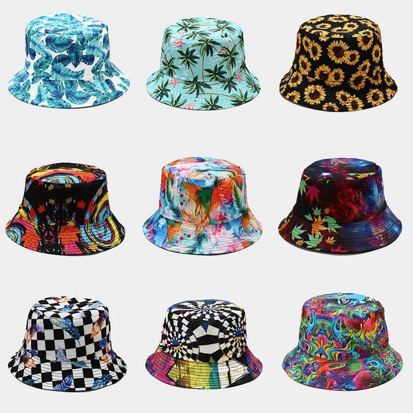 

summer fisherman hats new fashion rainbow color printing bucket hat panama double-sided fishing cap men and women sun hat, Blue;gray