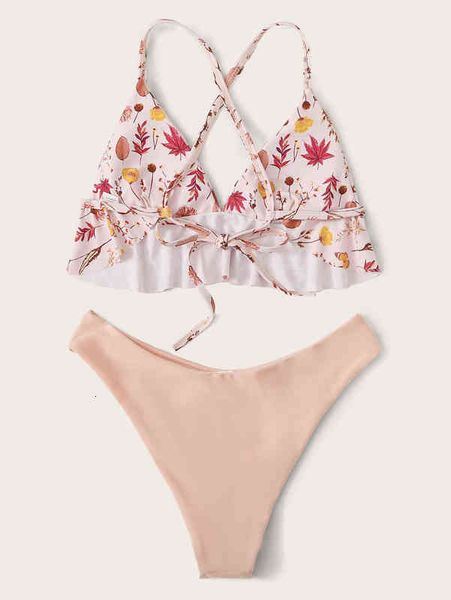 

print floret digital bikini split swimsuit, White;black
