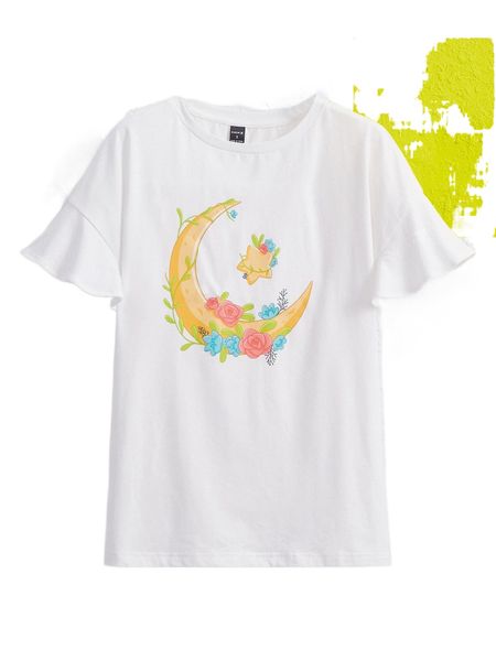

x .alfaifi cartoon graphic flounce sleeve tee w6m5#, White