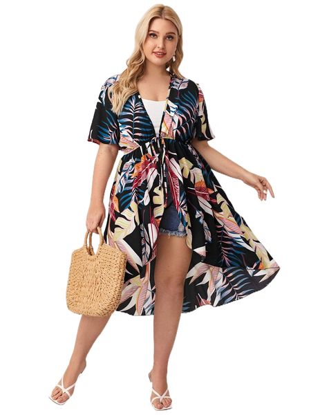 

plus plants print knot front kimono i81e#, Black;gray