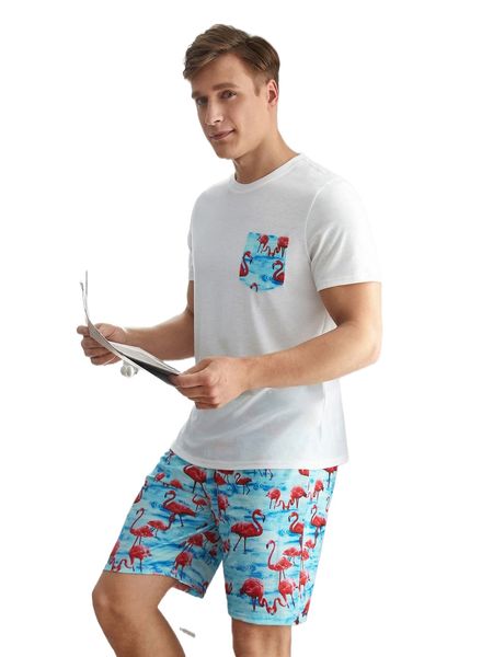 

men pocket patched tee & flamingo print shorts pj set z0jb#, Black;brown