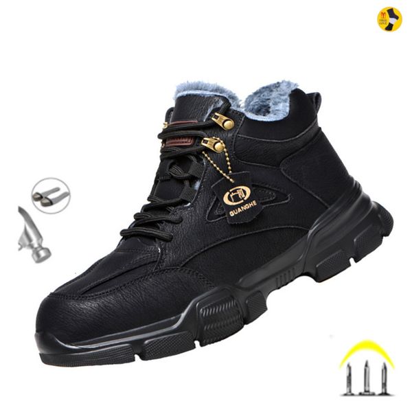 

winter warm snow boots black indestructible steel toe work boots safety anti-smashing ankle boots protective leather shoes, Black;brown