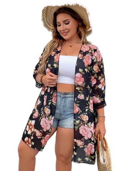 

plus floral print chiffon contrast lace kimono r1hi#, Black;gray