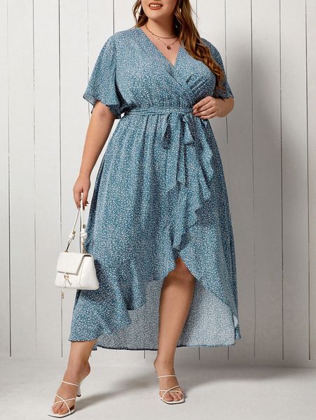 

plus ditsy floral butterfly sleeve wrap hem belted dress a6da#, Black