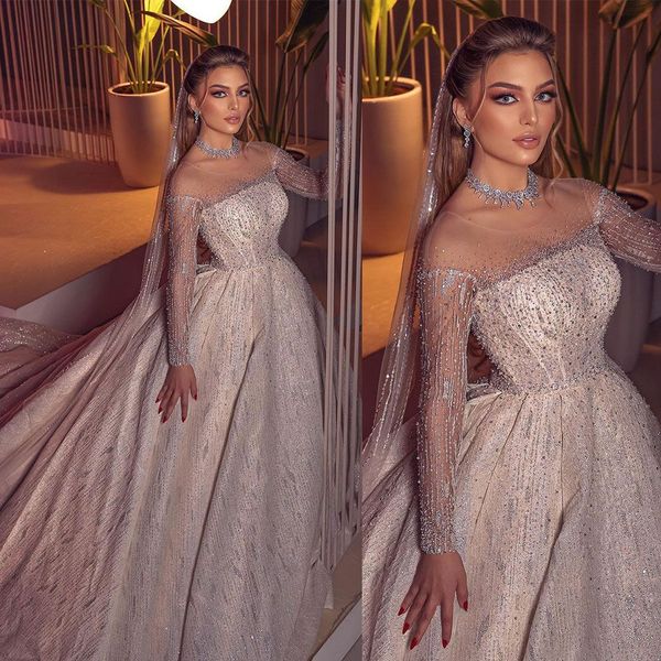 

shiny arabic beads wedding dresses ball gown full sleeve sequins lace bridal dress with long train custom made, White