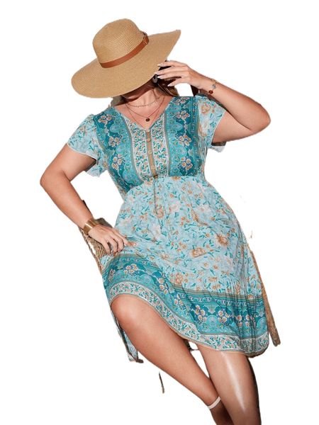 

plus allover floral print petal sleeve ruffle hem dress j7cv#, Black