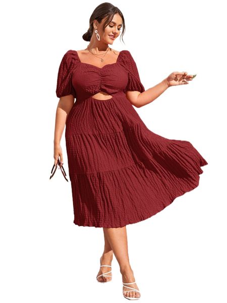 

plus textured cut out ruched bust shirred back ruffle hem dress q9nn#, Black