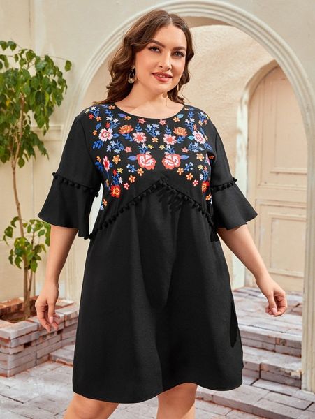 

plus floral print pom pom detail flounce sleeve dress b04f#, Black