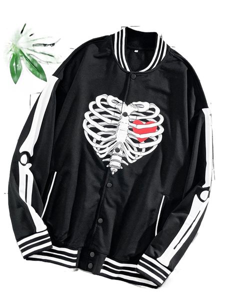 

men skeleton print contrast striped trim jacket u4rk#, Black;brown
