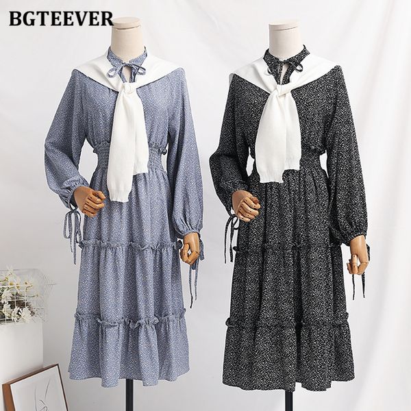 

elegant 2 pieces women dresses lace-up slim waist floral print dress &amp knit shawl 2021 autumn winter ladies vestidos, Black;gray