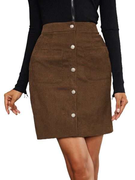 

solid dual pocket button front skirt b61i#, Black