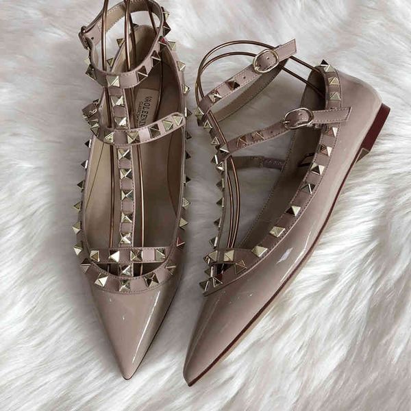 

slippers spring and summer v family rivet pointed flat shoes women's two ring strap leather shallow mouth liuding heel pdhp, Black