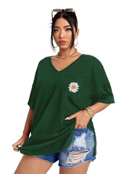 

plus floral print longline tee t58z#, Black