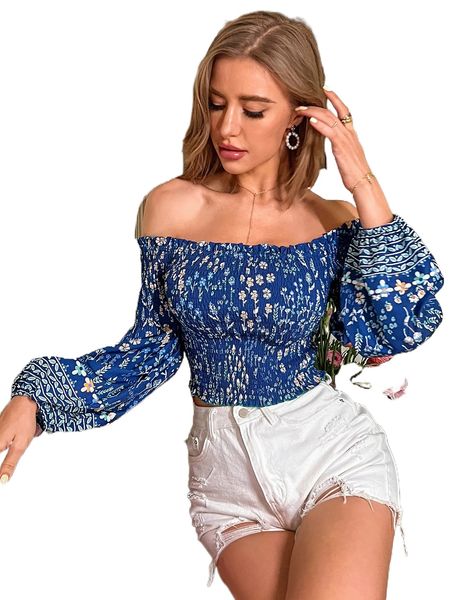 

floral shirred bishop sleeve bardot blouse v7kn#, White