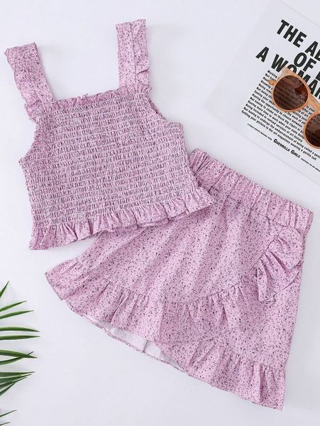 

toddler girls ditsy floral shirred frill trim cami & wrap hem skirt she, White