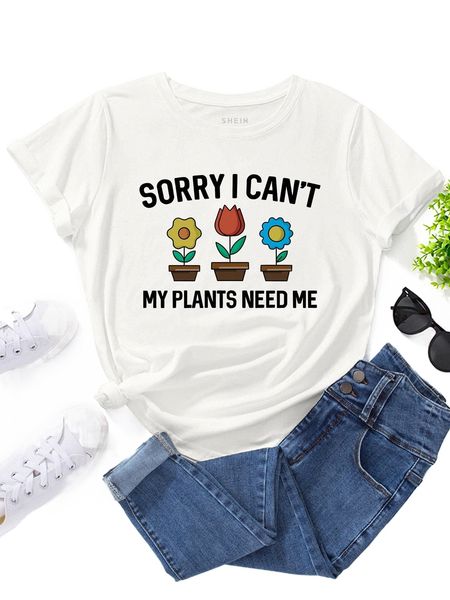 

slogan & floral print tee j0j6#, White