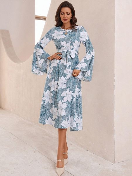 

allover floral print flounce sleeve belted dress n4e1#, Black;gray