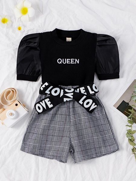 

toddler girls letter embroidery puff sleeve tee & plaid shorts she, White