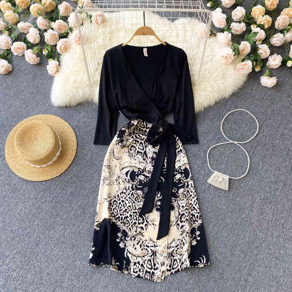 

casual dresses spring stem orange first love skirt mori french minority long sleeve stitching, waist closing, thin, irregular print dress, f, Black;gray