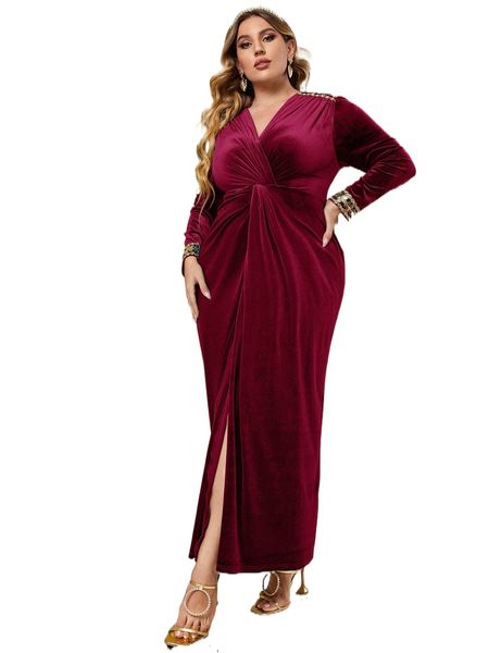 

plus sequins embroidery detail ruched wrap hem velvet dress f1bh#, Black