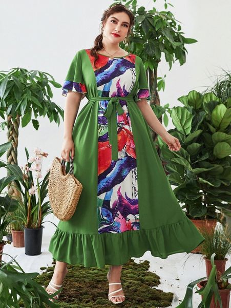 

plus graphic print butterfly sleeve ruffle hem belted dress e3oo#, Black